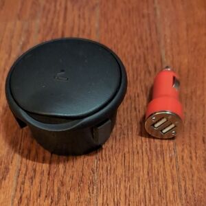 Black Car Cup Holder Ash Tray and Red USB Dual Car Charger